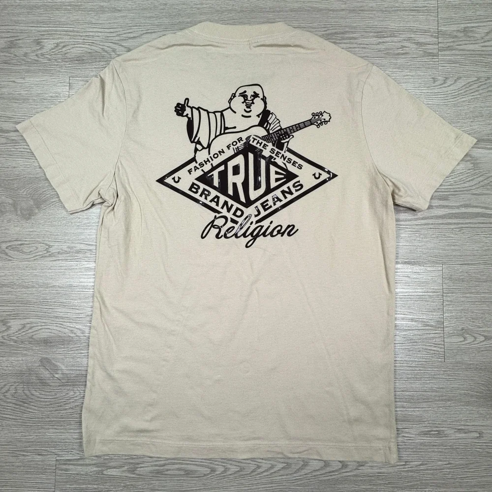 True Religion Mens T Shirt Buddha Guitar‎ Graphic Logo Beige Small Short Sleeve